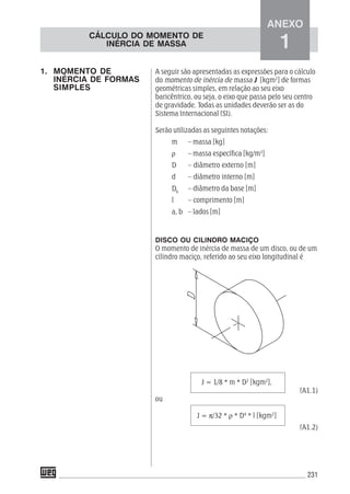 231
A seguir são apresentadas as expressões para o cálculo
do momento de inércia de massa J [kgm2
] de formas
geométricas simples, em relação ao seu eixo
baricêntrico, ou seja, o eixo que passa pelo seu centro
de gravidade. Todas as unidades deverão ser as do
Sistema Internacional (SI).
Serão utilizadas as seguintes notações:
m – massa [kg]
ρ – massa específica [kg/m3
]
D – diâmetro externo [m]
d – diâmetro interno [m]
Db
– diâmetro da base [m]
l – comprimento [m]
a, b – lados [m]
DISCO OU CILINDRO MACIÇO
O momento de inércia de massa de um disco, ou de um
cilindro maciço, referido ao seu eixo longitudinal é
J = 1/8 * m * D2
[kgm2
],
(A1.1)
ou
J = π/32 * ρ * D4
* l [kgm2
]
(A1.2)
CÁLCULO DO MOMENTO DE
INÉRCIA DE MASSA
1. MOMENTO DE
INÉRCIA DE FORMAS
SIMPLES
ANEXO
1
 