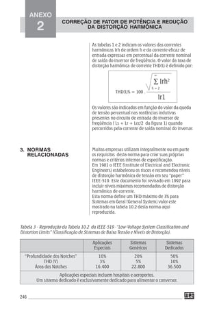246
As tabelas 1 e 2 indicam os valores das correntes
harmônicas Irh de ordem h e da corrente eficaz de
entrada expressas em percentual da corrente nominal
de saída do inversor de freqüência. O valor da taxa de
distorção harmônica de corrente THD(I) é definido por:
THD(I)% = 100 . –––––––––––
Os valores são indicados em função do valor da queda
de tensão percentual nas reatâncias indutivas
presentes no circuito de entrada do inversor de
freqüência ( Ls + Lr + Lcc/2 da figura 1) quando
percorridos pela corrente de saída nominal do inversor.
Muitas empresas utilizam integralmente ou em parte
os requisitos desta norma para criar suas próprias
normas e critérios internos de especificação.
Em 1981 o IEEE (Institute of Electrical and Electronic
Engineers) estabeleceu os riscos e recomendou níveis
de distorção harmônica de tensão em seu “paper”
IEEE-519. Este documento foi revisado em 1992 para
incluir níveis máximos recomendados de distorção
harmônica de corrente.
Esta norma define um THD máximo de 3% para
Sistemas em Geral (General System) valor este
mostrado na tabela 10.2 desta norma aqui
reproduzida.
∑ Irh2
Ir1
∞
h = 2
3. NORMAS
RELACIONADAS
Tabela 3 - Reprodução da Tabela 10.2 da IEEE-519 -“Low-Voltage System Classification and
Distortion Limits” (Classificação de Sistemas de Baixa Tensão e Níveis de Distorção).
Aplicações Sistemas Sistemas
Especiais Genéricos Dedicados
“Profundidade dos Notches” 10% 20% 50%
THD (V) 3% 5% 10%
Área dos Notches 16.400 22.800 36.500
Aplicações especiais incluem hospitais e aeroportos.
Um sistema dedicado é exclusivamente dedicado para alimentar o conversor.
ANEXO
2
CORREÇÃO DE FATOR DE POTÊNCIA E REDUÇÃO
DA DISTORÇÃO HARMÔNICA
 