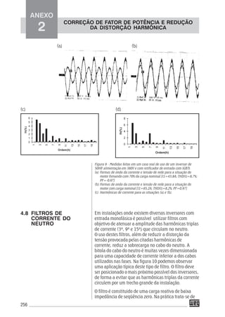 256
Figura 9 - Medidas feitas em um caso real de uso de um inversor de
50HP, alimentação em 380V e com retificador de entrada com IGBTs
(a) Formas de onda da corrente e tensão de rede para a situação do
motor frenando com 70% da carga nominal [I1=43,8A; THD(I)=8,7%;
PF=-0,97]
(b) Formas de onda da corrente e tensão de rede para a situação do
motor com carga nominal [I1=65,2A; THD(I)=8,2%; PF=0,97]
(c) Harmônicas de corrente para as situações (a) e (b).
Em instalações onde existem diversos inversores com
entrada monofásica é possível utilizar filtros com
objetivo de atenuar a amplitude das harmônicas triplas
de corrente (3ª, 9ª e 15ª) que circulam no neutro.
O uso destes filtros, além de reduzir a distorção da
tensão provocada pelas citadas harmônicas de
corrente, reduz a sobrecarga no cabo do neutro. A
bitola do cabo do neutro é muitas vezes dimensionada
para uma capacidade de corrente inferior a dos cabos
utilizados nas fases. Na figura 10 podemos observar
uma aplicação típica deste tipo de filtro. O filtro deve
ser posicionado o mais próximo possível dos inversores,
de forma a evitar que as harmônicas triplas da corrente
circulem por um trecho grande da instalação.
O filtro é constituido de uma carga reativa de baixa
impedância de seqüência zero. Na prática trata-se de
(c)
(b)
(d)
4.8 FILTROS DE
CORRENTE DO
NEUTRO
(a)
ANEXO
2
CORREÇÃO DE FATOR DE POTÊNCIA E REDUÇÃO
DA DISTORÇÃO HARMÔNICA
 