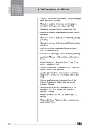 264
• “RRW-01 Retificador Regenerativo”, Weg Automação
Ltda., Manual do Produto
• Manual de Motores de Indução alimentados por
Inversores de Freqüência, editado pela Weg
• Manual de Motores Elétricos, editado pela Weg
• Manual do Inversor de Freqüência CFW-05, editado
pela Weg
• Manual do Inversor de Freqüência CFW-06, editado
pela Weg
• Manual do Inversor de Freqüência CFW-07, editado
pela Weg
• Critérios para Compatibilidade Eletromagnética -
EMC, editado pela Weg
• Conservação de Energia Elétrica, editado pela Weg
• Application Manual - EMC, editado pela Eurothem
Drives
• Hitachi Converters - Technical Drives Guide Book,
editado pela Hitachi, Ltd.
• Variable Speed Drive Fundamentals, de Clarence A.
Phipps, editado pela Hardcover
• Apostila do curso DT2 - Inversores de Freqüência /
Programa de Divulgação Tecnológica, editado pela
Weg
• Seleção e aplicação de motores elétricos 1, de
Orlando S. Lobosco, editado pela Marcombo
Boixareu Editores
• Seleção e aplicação de motores elétricos 2, de
Orlando S. Lobosco, editado pela Marcombo
Boixareu Editores
• Motores Electricos, de Jim Cox, editado pela GG
Mexico
• Motores Electricos Accionamento de Maquinas, de
Jose Roldan Viloria
REFERÊNCIAS BIBLIOGRÁFICAS
REFERÊNCIAS
REFERÊNCIAS
REFERÊNCIAS
REFERÊNCIAS
REFERÊNCIAS
 