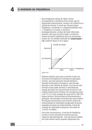 57
Para freqüências abaixo de 30Hz o termo
correspondente a resistência R do estator, que foi
desprezado anteriormente, começa a ter influência no
cálculo da corrente. É assim que, de para baixas
freqüências, mantendo-se a proporcionalidade entre
a freqüência e a tensão, a corrente e
conseqüentemente o torque do motor diminuem
bastante. Para que isto seja evitado, a tensão do
estator em baixas freqüências deve ser aumentada,
através de um método chamado de compensação Icompensação Icompensação Icompensação Icompensação I
x Rx Rx Rx Rx R, conforme figura 4.10 a seguir.
Figura 4.10
Podemos deduzir assim que o controle escalar em
inversores de freqüência é utilizado em aplicações
normais que não requerem elevada dinâmica
(grandes acelerações e frenagens), nem elevada
precisão e nem controle de torque. Um inversor com
controle escalar pode controlar a velocidade de
rotação do motor com uma precisão de até 0,5 % da
rotação nominal para sistemas sem variação de carga,
e de 3 % a 5 % com variação de carga de 0 a 100 % do
torque nominal. Pelo princípio de funcionamento e
aplicação, são utilizados na maioria das vezes motores
de indução convencionais sem nenhum sistema de
realimentação de velocidade (tacogerador de pulsos
acoplado ao motor) em malha fechada. A faixa de
variação de velocidade é pequena e da ordem de
1:10 (Ex: 6 a 60Hz).
Com estas características, o inversor de freqüência
escalar é a mais utilizado em sistemas que não
requerem alto desempenho. Este apresenta também
um custo relativo menor quando comparado com
O INVERSOR DE FREQÜÊNCIA
4
 