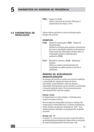 67
P009 -P009 -P009 -P009 -P009 - Torque no Motor
Indica a parcela da Corrente Total que é
proporcional ao torque, em %.
São os valores ajustáveis a serem utilizados pelas
funções do inversor.
EXEMPLOS:
P100P100P100P100P100 - Tempo de aceleração e P101P101P101P101P101 - Tempo de
desaceleração
Definem os tempos para acelerar linearmente
de 0 até a velocidade máxima ou desacelerar
linearmente da velocidade máxima até 0. A
velocidade máxima é definida pelo
parâmetro P134P134P134P134P134.
P133P133P133P133P133 - Referência mínima e P134P134P134P134P134 - Referência
máxima
Define os valores máximo/mínimo de
velocidade na saída quando o inversor é
habilitado.
RAMPAS DE ACELERAÇÃO/
DESACELERAÇÃO
As rampas permitem ao usuário do inversor modificar
a velocidade de rotação do motor de forma
controlada. Especificando o valor de tempo e
velocidade final podemos assim controlar a aceleração
e desaceleração do motor. Os inversores possuem
normalmente dois tipos de rampas:
Rampa linearRampa linearRampa linearRampa linearRampa linear
A rampa linear é a mais simples, e indicada para
cargas com pouca inércia.
Na transição da velocidade zero para a rampa e da
rampa para a velocidade final, o sistema acoplado ao
motor recebe um impulso chamado de “jerk”. Este
impulso produz vibrações no equipamento acoplado
ao motor.
Rampa em “S”Rampa em “S”Rampa em “S”Rampa em “S”Rampa em “S”
A rampa “S” é um recurso no qual se permite obter a
aceleração/desaceleração de cargas onde se necessita
de uma partida/parada de forma suave, não
5.2 PARÂMETROS DE
REGULAÇÃO
PARÂMETROS DO INVERSOR DE FREQÜÊNCIA
5
 