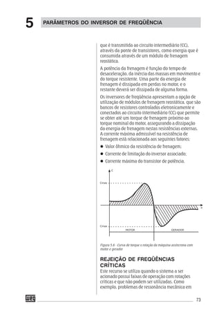 73
que é transmitida ao circuito intermediário (CC),
através da ponte de transistores, como energia que é
consumida através de um módulo de frenagem
reostática.
A potência da frenagem é função do tempo de
desaceleração, da inércia das massas em movimento e
do torque resistente. Uma parte da energia de
frenagem é dissipada em perdas no motor, e o
restante deverá ser dissipada de alguma forma.
Os inversores de freqüência apresentam a opção de
utilização de módulos de frenagem reostática, que são
bancos de resistores controlados eletronicamente e
conectados ao circuito intermediário (CC) que permite
se obter até um torque de frenagem próximo ao
torque nominal do motor, assegurando a dissipação
da energia de frenagem nestas resistências externas.
A corrente máxima admissível na resistência de
frenagem está relacionada aos seguintes fatores:
Valor ôhmico da resistência de frenagem;
Corrente de limitação do inversor associado;
Corrente máxima do transistor de potência.
Figura 5.6 - Curva de torque x rotação da máquina assíncrona com
motor e gerador
REJEIÇÃO DE FREQÜÊNCIAS
CRÍTICAS
Este recurso se utiliza quando o sistema a ser
acionado possui faixas de operação com rotações
críticas e que não podem ser utilizadas. Como
exemplo, problemas de ressonância mecânica em
PARÂMETROS DO INVERSOR DE FREQÜÊNCIA
5
 