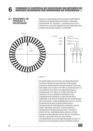 82
Dada sua simplicidade e baixo preço os codificadores
angulares ou tacogeradores de pulsos, chamados
normalmente de “encoders”, transformaram-se nos
últimos anos, num dos dispositivos mais utilizados para
medição de posição angular e velocidade.
Figura 6.2
Os codificadores incrementais são dispositivos ópto-
mecânico-eletrônicos que fornecem informação
discreta de deslocamento (posição relativa). Estes são
fabricados com um disco de vidro ou metal que tem na
sua periferia uma trilha com segmentos opacos e
transparentes (ver figura 6.2) Três conjuntos de
emissores de luz e detetores fotoelétricos são
cuidadosamente dispostos a cada lado do disco
codificado. Este disco é montado em um eixo podendo
girar livremente, sendo acoplado pela sua vez ao eixo
do elemento do qual se deseja determinar o
deslocamento ou velocidade (por exemplo o eixo do
motor). Quando o eixo gira, as linhas opacas e
transparentes do disco passam entre o emissor e
detetor de luz, modulando desta maneira o feixe
luminoso produzido pelo emissor de luz, atingindo o
detetor, e gerando neste um sinal elétrico
correspondente com as divisões gravadas no disco. O
feixe de luz é focalizado no disco mediante sistemas
6.1 SENSORES DE
POSIÇÃO E
VELOCIDADE
COMANDO E CONTROLE DE VELOCIDADE EM MOTORES DE
INDUÇÃO ACIONADOS POR INVERSORES DE FREQÜÊNCIA6
 