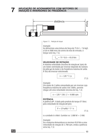 93
Figura 7.1 - Medição de torque
Exemplo:
Se obtivermos uma leitura de força de 75 N (~ 7,6 kgf)
a 0,6 m (600 mm) do centro do eixo de entrada, o
torque será (eq. 7.1)
Te at
= 75 * 0,6 = 45,0 Nm
VELOCIDADE DE ROTAÇÃO
A máxima velocidade síncrona de rotação n (rpm) de
um motor controlado por inversor depende do número
de pólos p do motor e da freqüência máxima de saída
f (Hz) do inversor selecionado.
n = 120 * f / p
(7.2)
Exemplo:
Um motor de 2 pólos comandado por um inversor cuja
freqüência máxima de saída é de 150Hz, permite
chegar até uma velocidade síncrona de (eq. 7.2)
n = 120 * 150 / 2 = 9.000 rpm
POTÊNCIA
A potência P é dada pelo produto do torque T (Nm)
pela velocidade de rotação n (rpm)
P = (2*π/60) * T * n
(7.3)
e a unidade é o Watt. (Lembre-se: 1.000 W = 1 kW)
Exemplo:
Se a máquina demandasse os mesmos 45,0 Nm a uma
velocidade de rotação de 1.760 rpm, então a potência
seria (eq. 7.3)
APLICAÇÃO DE ACIONAMENTOS COM MOTORES DE
INDUÇÃO E INVERSORES DE FREQÜÊNCIA7
 