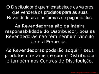 www.inspiracao.net/140372 O Distribuidor é quem estabelece os valores que venderá os produtos para as suas Revendedoras e as formas de pagamentos. As Revendedoras são da inteira responsabilidade do Distribuidor, pois as Revendedoras não têm nenhum vínculo com a Empresa.  As Revendedoras poderão adquirir seus produtos diretamente com o Distribuidor e também nos Centros de Distribuição. 