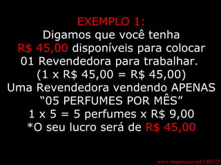 EXEMPLO 1: Digamos que você tenha R$ 45,00  disponíveis para colocar 01 Revendedora para trabalhar.  (1 x R$ 45,00 = R$ 45,00) Uma Revendedora vendendo APENAS “05 PERFUMES POR MÊS” 1 x 5 = 5 perfumes x R$ 9,00 *O seu lucro será de  R$ 45,00 www.inspiracao.net/140372 