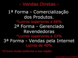 www.inspiracao.net/140372 - Vendas Diretas - 1ª Forma - Comercialização  dos Produtos. *Lucros superiores a 66% 2ª Forma - Gerenciado Revendedoras *Lucros superiores a 33% 3ª Forma - Vendas pela Internet Lucros de 40% *O lucro muda conforme a sua região. 