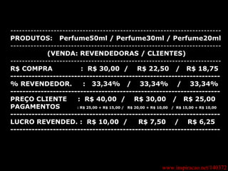 www.inspiracao.net/140372 ------------------------------------------------------------------------- PRODUTOS:   Perfume50ml / Perfume30ml / Perfume20ml -------------------------------------------------------------------------   (VENDA: REVENDEDORAS / CLIENTES) ------------------------------------------------------------------------- R$ COMPRA  :  R$ 30,00  /  R$ 22,50  /  R$ 18,75 --------------------------------------------------------------------- % REVENDEDOR.  :  33,34%  /  33,34%  /  33,34% ---------------------------------------------------------------------  PREÇO CLIENTE  :  R$ 40,00  /  R$ 30,00  /  R$ 25,00 PAGAMENTOS  : R$ 25,00 + R$ 15,00 /  R$ 20,00 + R$ 10,00  /  R$ 15,00 + R$ 10,00 --------------------------------------------------------------------- LUCRO REVENDED. :  R$ 10,00  /  R$ 7,50  /  R$ 6,25 --------------------------------------------------------------------- 