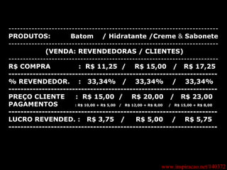 www.inspiracao.net/140372 ------------------------------------------------------------------------- PRODUTOS:   Batom  / Hidratante /Creme  &  Sabonete -------------------------------------------------------------------------   (VENDA: REVENDEDORAS / CLIENTES) ------------------------------------------------------------------------- R$ COMPRA  :  R$ 11,25  /  R$ 15,00  /  R$ 17,25 --------------------------------------------------------------------- % REVENDEDOR.  :  33,34%  /  33,34%  /  33,34% ---------------------------------------------------------------------  PREÇO CLIENTE  :  R$ 15,00  /  R$ 20,00  /  R$ 23,00 PAGAMENTOS  : R$ 10,00 + R$ 5,00  /  R$ 12,00 + R$ 8,00  /  R$ 15,00 + R$ 8,00 --------------------------------------------------------------------- LUCRO REVENDED. :  R$ 3,75  /  R$ 5,00  /  R$ 5,75 --------------------------------------------------------------------- 