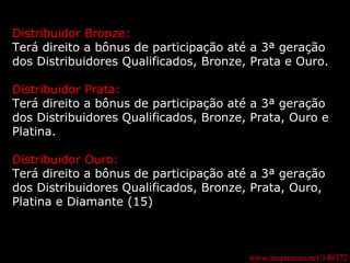 www.inspiracao.net/140372 Distribuidor Bronze: Terá direito a bônus de participação até a 3ª geração dos Distribuidores Qualificados, Bronze, Prata e Ouro. Distribuidor Prata: Terá direito a bônus de participação até a 3ª geração dos Distribuidores Qualificados, Bronze, Prata, Ouro e Platina. Distribuidor Ouro: Terá direito a bônus de participação até a 3ª geração dos Distribuidores Qualificados, Bronze, Prata, Ouro, Platina e Diamante (15) 
