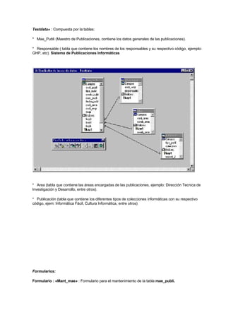 Testdata» : Compuesta por la tablas:
* Mae_Publi (Maestro de Publicaciones, contiene los datos generales de las publicaciones).
* Responsable ( tabla que contiene los nombres de los responsables y su respectivo código, ejemplo:
GHP, etc). Sistema de Publicaciones Informáticas
* Area (tabla que contiene las áreas encargadas de las publicaciones, ejemplo: Dirección Tecnica de
Investigación y Desarrollo, entre otros).
* Publicación (tabla que contiene los diferentes tipos de colecciones informáticas con su respectivo
código, ejem: Informática Fácil, Cultura Informática, entre otros)
Formularios:
Formulario : «Mant_mae» : Formulario para el mantenimiento de la tabla mae_publi.
 