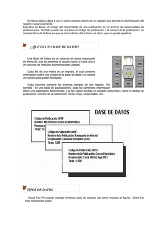 Se llama clave o llave a uno o varios campos dentro de un registro que permite la identificación del
registro inequivocamente.
Ejemplos de llaves: el código del responsable de una publicación en un archivo de responsables de
publicaciones. También puede ser una llave el código de publicación + el número de la publicación. La
característica de la llave es que es única dentro del archivo, es decir, que no puede repetirse
¿ QUE ES UNA BASE DE DATOS?
Una Base de Datos es un conjunto de datos organizado
de forma tal, que se presenta al usuario como si fuera una o
un conjunto de matrices bidimensionales (tablas).
Cada fila de una matriz es un registro, el cual contiene
información sobre una unidad de la base de datos y le asigna
un número para poder manejarlo.
Cada columna contiene los diversos campos de ese registro. Por
ejemplo : en una tabla de publicaciones, cada fila contendrá información
sobre una publicación determinado, y la fila estará dividida en campos (columnas), como el código de
publicación, nombre de la publicación, fecha, tiraje, responsable, etc...
TIPOS DE DATOS
Visual Fox Pro puede manejar diversos tipos de campos (tal como muestra la figura) . Entre los
más importantes están:
 
