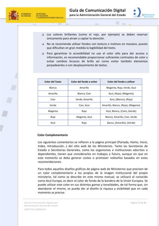 Guía de Comunicación Digital para 
Administración General del Estado  
ASPECTOS GENERALES   
  Página 22 de 80 
   
 
 Los  colores  brillantes  (como  el  rojo,  por  ejemplo)  se  deben  reservar 
únicamente para atraer y captar la atención.  
 No se recomienda utilizar fondos con textura o motivos en mosaico, puesto 
que dificultan en gran medida la legibilidad del texto. 
 Para  garantizar  la  accesibilidad  no  use  el  color  sólo  para  dar  acceso  a 
información, es recomendable proporcionar suficientes contrastes de color y 
evitar  cambios  bruscos  de  brillo  así  como  evitar  también  elementos 
parpadeantes o con desplazamiento de textos. 
 
 
Color del Texto  Color del fondo a evitar  Color del fondo a utilizar 
Blanco  Amarillo  Magenta, Rojo, Verde, Azul 
Amarillo  Blanco, Cian  Azul, (Rojo), (Magenta) 
Cian  Verde, Amarillo  Azul, (Blanco), (Rojo) 
Verde  Cian, Azul  Amarillo, Blanco, (Rojo), (Magenta) 
Magenta  Rojo  Azul, Blanco, (Cian), (Verde) 
Rojo  Magenta, Azul  Blanco, Amarillo, Cian, Verde 
Azul  Rojo  Banco, (Amarillo), (Verde) 
Color Complementario 
Los siguientes comentarios se refieren a la página principal (Portada, Home, Inicio, 
Index,  Introducción…)  del  sitio  web  de  los  Ministerios.  Tanto  las  Secretarías  de 
Estado  o  Secretarías  Generales,  como  los  organismos  e  instituciones  adscritos  o 
dependientes,  tienen  que  considerarlos  en  trabajos  a  futuro,  aunque  sin  que  en 
este  momento  se  deba  generar  costes  o  promover  rediseños  basados  en  estas 
recomendaciones.  
Para todos aquellos diseños gráficos de página web de Ministerios que precisen de 
un  color  complementario  a  los  propios  de  la  imagen  institucional  del  propio 
ministerio,  tal  como  se  describe  en  este  mismo  manual,  se  utilizará  el  conocido 
como Azul Europa, es decir el color de fondo de la bandera de la Unión Europea. Se 
puede utilizar este color en sus distintas gamas y tonalidades, de tal forma que, sin 
abandonar el mismo, se pueda dar al diseño la riqueza y visibilidad que en cada 
momento se precise.  
 