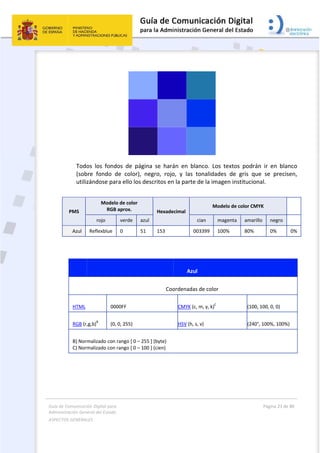 Guía 
Adm
ASPE
 
de Comunicaci
inistración Gen
ECTOS GENERAL
 
Todo
(sob
utiliz
 
 
 
 
PMS 
     Azul
HTML 
RGB (r,
B) Nor
C) Nor
ión Digital para
neral del Estado
LES   
os  los  fond
bre  fondo  d
zándose pa
Modelo
RGB
rojo
Reflexblue
00
,g,b)B
  (0,
malizado con 
malizado con 
a 
o  
dos  de  pág
de  color), 
ra ello los d
o de color 
B aprox. 
verde az
0 51
000FF 
, 0, 255) 
rango [ 0 – 25
rango [ 0 – 10
ina  se  hará
negro,  rojo
descritos en
Hexade
zul
1 153
Coo
55 ] (byte) 
00 ] (cien) 
 
án  en  blanc
o,  y  las  ton
n la parte de
ecimal 
cia
0033
Azul 
ordenadas de
CMYK (c, m
HSV (h, s, v
co.  Los  tex
nalidades  d
e la imagen 
Modelo 
an magen
399 100%
e color 
m, y, k)C
 
) 
xtos  podrán
de  gris  que
instituciona
de color CMY
nta amarillo
80%
(100, 1
(240°,
Página 23 de 
 
n  ir  en  blan
e  se  precis
al. 
YK 
o negro
0%
100, 0, 0) 
 100%, 100%)
80 
nco 
en, 
0%
) 
 