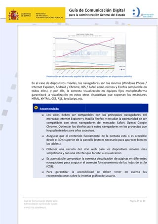 Guía 
Adm
ASPE
 
de Comunicaci
inistración Gen
ECTOS GENERAL
 
En el cas
Internet 
todos  el
garantiza
HTML, XH
  Re





ión Digital para
neral del Estado
LES   
Penetració
so de dispo
Explorer, A
los),  y  por
ará  la  visua
HTML, CSS, 
ecomendad
 Los  sitio
mercado
compati
Chrome.
haya pla
 Asegura
desde el
las table
 Obtener
simplific
 Es acons
navegad
(CSS).  
 Para  g
recomen
a 
o  
ón en el mercad
ositivos móv
Android / Ch
r  ello,  la  c
alización  en
RSS, JavaSc
o  
os  deben 
o: Internet E
bles  con  o
. Optimizar
anteados pa
r  que  el  co
l 30% super
ets). 
r  una  vers
cada y con u
sejable com
dores para a
arantizar 
ndaciones s
do español de d
viles, los na
hrome, IOS
correcta  vi
n  estos  otr
cript, etc. 
ser  compa
Explorer y M
otros  naveg
los diseños
ara años suc
ontenido  fu
rior de la pa
sión  del  si
una interfaz
mprobar la c
asegurar el 
la  accesib
obre la inte
 
diferentes nave
avegadores 
 / Safari co
sualización 
ros  disposi
atibles  con
Mozilla Firef
gadores  de
s para estos
cesivos. 
undamental
antalla (esto
tio  web  p
 que facilite
correcta vis
correcto fu
bilidad  se 
erfaz gráfico
egadores en dis
son los mi
omo nativos
en  equipo
tivos  que 
n  los  princ
fox  y estud
el  mercado
s navegado
l  de  la  port
o es necesa
para  los  di
e su visualiz
sualización 
uncionamie
deben 
o de usuario
 
spositivos móv
smos (Win
s y Firefox c
os  fijos  mu
soportan  lo
cipales  nav
diar la oport
o:  Safari;  O
ores en los p
tada  está  o
rio para apa
ispositivos 
zación 
de páginas 
nto de las h
tener  en 
o.  
Página 39 de 
 
viles 
dows Phon
compatible 
ultiplatafor
os  estánda
vegadores 
tunidad de 
Opera;  Goo
proyectos q
o  es  accesi
arecer bien
móviles  m
en diferen
hojas de est
cuenta 
80 
e / 
en 
ma 
res 
del 
ser 
ogle 
que 
ble 
 en 
más 
tes 
tilo 
las 
 