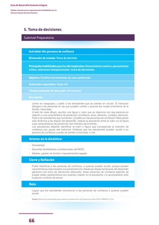 66
Guía de Desarrollo Humano Integral
Dirigida a docentes para la implementación de Habilidades para la
Vida en el Sistema Educativo Nacional
5. Toma de decisiones
Subnivel Preparatoria
Actividad: Mis personas de confianza
Dimensión de trabajo: Toma de decisión
Principaleshabilidadesparalavidaimplicadas:Pensamientocreativo,pensamiento
crítico, relaciones interpersonales, toma de decisiones.
Objetivo: Facilitar herramientas de auto-protección
Materiales requeridos: Hojas A4
Tiempo estimado de ejecución: 30 minutos.
Descripción
Juntar en subgrupos, y pedir a los estudiantes que se sienten en círculo. El instructor
dibujará a las personas en las que pueden confiar y quienes les cuidan (miembros de la
familia, mascotas).
A lado de cada dibujo, escribir una figura o color que se relacione con esa persona en
relación a una característica de protección (confianza, amor, alimento, cuidado, atención).
Pedir a los estudiantes que comenten: ¿Cuáles son las personas de confianza? Adecuando
esta dinámica a las etapas del desarrollo, realizar la asociación entre el color y/o la figura
a las características de protección del miembro de la familia.
Los estudiantes deberán identificar el color o figura que corresponda al miembro de
confianza con ayuda del instructor. Enfatizar que los estudiantes pueden acudir a su
persona de confianza cuando se sientan incómodos o mal.
Actores en la dinámica:
- Estudiantes
- Docentes facilitadores o profesionales del DECE.
- Madres, padres de familia o representantes legales.
Cierre y Reflexión
Poder identificar a las personas de confianza, a quienes pueden acudir, porque poseen
características relacionados a la autoprotección desde las etapas tempranas del desarrollo
generará una toma de decisiones adecuada. Estas personas de confianza además de
poseer estas características son quienes creerán en el estudiante y lo acompañarán ante
cualquier contexto de abuso
Reto
Lograr que los estudiantes reconozcan a las personas de confianza a quienes pueden
acudir.
Fuente: Manual de herramientas para orientar la construcción de Proyectos de Vida VVOB -MINEDUC 2018.
 