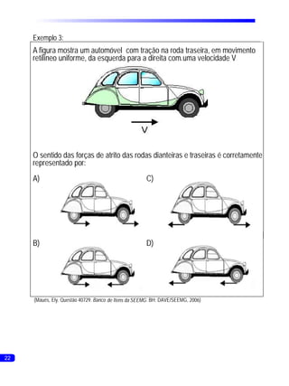 Exemplo 3:
     A figura mostra um automóvel com tração na roda traseira, em movimento
     retilíneo uniforme, da esquerda para a direita com. uma velocidade V




     O sentido das forças de atrito das rodas dianteiras e traseiras é corretamente
     representado por:
     A)                                                C)




     B)                                                D)




     (Maués, Ely. Questão 40729. Banco de Itens da SEEMG . BH: DAVE/SEEMG, 2006)




22
 