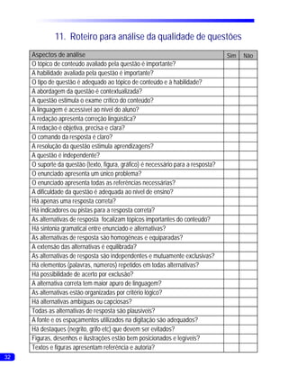 11. Roteiro para análise da qualidade de questões
     Aspectos de análise                                                           Sim   Não
     O tópico de conteúdo avaliado pela questão é importante?
     A habilidade avaliada pela questão é importante?
     O tipo de questão é adequado ao tópico de conteúdo e à habilidade?
     A abordagem da questão é contextualizada?
     A questão estimula o exame crítico do conteúdo?
     A linguagem é acessível ao nível do aluno?
     A redação apresenta correção lingüística?
     A redação é objetiva, precisa e clara?
     O comando da resposta é claro?
     A resolução da questão estimula aprendizagens?
     A questão é independente?
     O suporte da questão (texto, figura, gráfico) é necessário para a resposta?
     O enunciado apresenta um único problema?
     O enunciado apresenta todas as referências necessárias?
     A dificuldade da questão é adequada ao nível de ensino?
     Há apenas uma resposta correta?
     Há indicadores ou pistas para a resposta correta?
     As alternativas de resposta focalizam tópicos importantes do conteúdo?
     Há sintonia gramatical entre enunciado e alternativas?
     As alternativas de resposta são homogêneas e equiparadas?
     A extensão das alternativas é equilibrada?
     As alternativas de resposta são independentes e mutuamente exclusivas?
     Há elementos (palavras, números) repetidos em todas alternativas?
     Há possibilidade de acerto por exclusão?
     A alternativa correta tem maior apuro de linguagem?
     As alternativas estão organizadas por critério lógico?
     Há alternativas ambíguas ou capciosas?
     Todas as alternativas de resposta são plausíveis?
     A fonte e os espaçamentos utilizados na digitação são adequados?
     Há destaques (negrito, grifo etc) que devem ser evitados?
     Figuras, desenhos e ilustrações estão bem posicionados e legíveis?
     Textos e figuras apresentam referência e autoria?
32
 