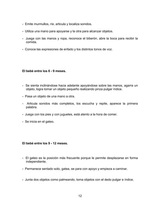 - Emite murmullos, ríe, articula y localiza sonidos.

- Utiliza una mano para apoyarse y la otra para alcanzar objetos.

- Juega con las manos y ropa, reconoce el biberón, abre la boca para recibir la
  comida.

- Conoce las expresiones de enfado y los distintos tonos de voz.




El bebé entre los 6 - 9 meses.



- Se sienta inclinándose hacia adelante apoyándose sobre las manos, agarra un
  objeto, logra tomar un objeto pequeño realizando pinza pulgar índice.

- Pasa un objeto de una mano a otra.

-    Articula sonidos más completos, los escucha y repite, aparece la primera
    palabra.

- Juega con los pies y con juguetes, está atento a la hora de comer.

- Se inicia en el gateo.




El bebé entre los 9 - 12 meses.



- El gateo es la posición más frecuente porque le permite desplazarse en forma
  independiente.

- Permanece sentado solo, gatea, se para con apoyo y empieza a caminar.


- Junta dos objetos como palmeando, toma objetos con el dedo pulgar e índice.




                                         12
 