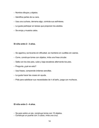 - Nombra dibujos y objetos.

- Identifica partes de su cara.

- Usa una cuchara, derrama algo, controla sus esfínteres.

- Le gusta participar en tareas que proponen los adultos.

- Se enoja y muestra celos.




El niño entre 2 - 3 años.



- Se agacha y se levanta sin dificultad, se mantiene en cuclillas sin caerse.

- Corre, construye torres con objetos, imita una línea circular.

- Salta con los dos pies, sube y baja escaleras alternando los pies.

- Pregunta ¿qué es esto?

- Usa frases, comprende órdenes sencillas.

- Le gusta hacer las cosas sin ayuda.

- Pide para satisfacer sus necesidades de ir al baño, juega con muñecos.




El niño entre 3 - 4 años.



- Se para sobre un pie, construye torres con 10 objetos.
- Construye un puente con 3 cubos, imita una cruz.

                                         14
 