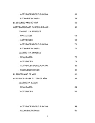 . ACTIVIDADES DE RELAJACIÓN     58

     . RECOMENDACIONES               59

EL SEGUNDO AÑO DE VIDA               60

ACTIVIDADES PARA EL SEGUNDO AÑO      61

     EDAD DE 12 A 18 MESES

     . FINALIDADES                   62

     . ACTIVIDADES                   63

     . ACTIVIDADES DE RELAJACIÓN     70

     . RECOMENDACIONES               71

     EDAD DE 18 A 24 MESES

     . FINALIDADES                   72

     . ACTIVIDADES                   73

     . ACTIVIDADES DE RELAJACIÓN     80

     . RECOMENDACIONES               81

EL TERCER AÑO DE VIDA                82

ACTIVIDADES PARA EL TERCER AÑO       83

     EDAD DE 2 A 3 AÑOS

     . FINALIDADES                   84

     . ACTIVIDADES                   85




     . ACTIVIDADES DE RELAJACIÓN     94

     . RECOMENDACIONES               95


                                 3
 