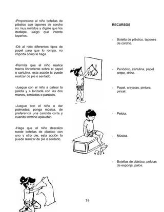 -Proporcione al niño botellas de
plástico con tapones de corcho           RECURSOS
no muy metidos y dígale que los
destape, luego que intente
taparlos.
                                         -   Botella de plástico, tapones
                                             de corcho.
-Dé al niño diferentes tipos de
papel para que lo rompa, no
importa como lo haga.


-Permita que el niño realice
trazos libremente sobre el papel         -   Periódico, cartulina, papel
o cartulina, esta acción la puede            crepe, china.
realizar de pie o sentado.


-Juegue con el niño a patear la          -   Papel, crayolas, pintura,
pelota y a lanzarla con las dos              pincel.
manos, sentados o parados.


-Juegue con el niño a dar
palmadas; ponga música, de
preferencia una canción corta y          -   Pelota.
cuando termine aplaudan.


-Haga que el niño descalzo
ruede botellas de plástico con
uno y otro pie; esta acción la           -   Música.
puede realizar de pie o sentado.




                                         -   Botellas de plástico, pelotas
                                             de esponja, palos.




                                    74
 
