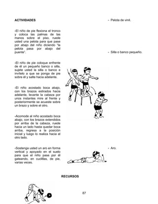 ACTIVIDADES                                           - Pelota de vinil.


-El niño de pie flexiona el tronco
y coloca las palmas de las
manos sobre el piso, ruede
usted una pelota para que pase
por abajo del niño diciendo “la
pelota pasa por abajo del
puente”.                                              - Silla o banco pequeño.


-El niño de pie coloque enfrente
de él un pequeño banco o silla,
sujete usted la silla o banco e
invítelo a que se ponga de pie
sobre él y salte hacia adelante.


-El niño acostado boca abajo,
con los brazos estirados hacia
adelante, levante la cabeza por
unos instantes mire al frente y
posteriormente se acueste sobre
un brazo y sobre el otro.


-Acomode al niño acostado boca
abajo, con los brazos extendidos
por arriba de la cabeza, ruede
hacia un lado hasta quedar boca
arriba, regresa a la posición
inicial y luego lo realiza hacia el
otro lado.


-Sostenga usted un aro en forma                       - Aro.
vertical y apoyado en el suelo
para que el niño pase por él
gateando, en cuclillas, de pie,
varias veces.



                                      RECURSOS




                                                 87
 