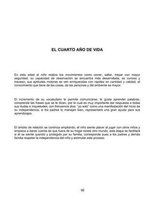 EL CUARTO AÑO DE VIDA




En esta edad el niño realiza los movimientos como correr, saltar, trepar con mayor
seguridad, su capacidad de observación se encuentra más desarrollada, es curioso y
travieso, sus aptitudes motoras se ven enriquecidas con rapidez en cantidad y calidad, el
conocimiento que tiene de las cosas, de las personas y del ambiente es mayor.



El incremento de su vocabulario le permite comunicarse, le gusta aprender palabras,
comprende las frases que se le dicen, por lo cual es muy importante dar respuesta a todas
sus dudas e inquietudes; con frecuencia dice: “yo solo” como una manifestación del inicio de
su independencia, si los padres lo manejan bien, representará una gran ayuda para sus
aprendizajes.



El ámbito de relación se continúa ampliando, el niño siente placer al jugar con otros niños y
empieza a darse cuenta de que fuera de su hogar existe otro mundo; esta etapa se facilitará
si él se siente querido y protegido por su familia, corresponde pues a los padres y demás
familia respetar la independencia del niño y estimular este proceso.




                                                 96
 