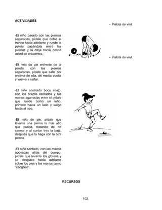 102
ACTIVIDADES
-El niño parado con las piernas
separadas, pídale que doble el
tronco hacia adelante y ruede la
pelota pasándola entre las
piernas y la dirija hacia donde
usted se encuentra.
-El niño de pie enfrente de la
pelota, con las piernas
separadas, pídale que salte por
encima de ella, dé media vuelta
y vuelva a saltar.
-El niño acostado boca abajo,
con los brazos estirados y las
manos agarradas entre sí pídale
que ruede como un leño,
primero hacia un lado y luego
hacia el otro.
-El niño de pie, pídale que
levante una pierna lo más alto
que pueda, tratando de no
caerse y al contar tres la baje,
después que lo haga con la otra
pierna.
-El niño sentado, con las manos
apoyadas atrás del cuerpo,
pídale que levante los glúteos y
se desplace hacia adelante
sobre los pies y las manos como
“cangrejo”.
RECURSOS
- Pelota de vinil.
- Pelota de vinil.
 
