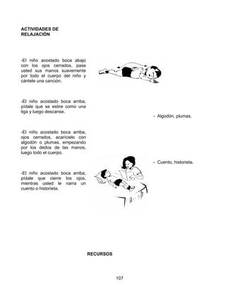 107
ACTIVIDADES DE
RELAJACIÓN
-El niño acostado boca abajo
con los ojos cerrados, pase
usted sus manos suavemente
por todo el cuerpo del niño y
cántele una canción.
-El niño acostado boca arriba,
pídale que se estire como una
liga y luego descanse.
-El niño acostado boca arriba,
ojos cerrados, acarícielo con
algodón o plumas, empezando
por los dedos de las manos,
luego todo el cuerpo.
-El niño acostado boca arriba,
pídale que cierre los ojos,
mientras usted le narra un
cuento o historieta.
RECURSOS
- Algodón, plumas.
- Cuento, historieta.
 