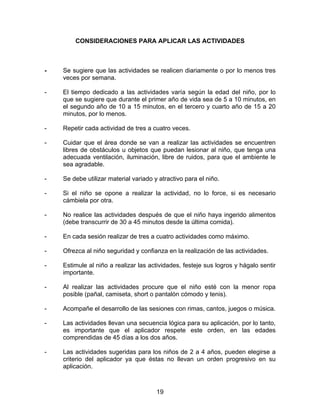 19
CONSIDERACIONES PARA APLICAR LAS ACTIVIDADES
- Se sugiere que las actividades se realicen diariamente o por lo menos tres
veces por semana.
- El tiempo dedicado a las actividades varía según la edad del niño, por lo
que se sugiere que durante el primer año de vida sea de 5 a 10 minutos, en
el segundo año de 10 a 15 minutos, en el tercero y cuarto año de 15 a 20
minutos, por lo menos.
- Repetir cada actividad de tres a cuatro veces.
- Cuidar que el área donde se van a realizar las actividades se encuentren
libres de obstáculos u objetos que puedan lesionar al niño, que tenga una
adecuada ventilación, iluminación, libre de ruidos, para que el ambiente le
sea agradable.
- Se debe utilizar material variado y atractivo para el niño.
- Si el niño se opone a realizar la actividad, no lo force, si es necesario
cámbiela por otra.
- No realice las actividades después de que el niño haya ingerido alimentos
(debe transcurrir de 30 a 45 minutos desde la última comida).
- En cada sesión realizar de tres a cuatro actividades como máximo.
- Ofrezca al niño seguridad y confianza en la realización de las actividades.
- Estimule al niño a realizar las actividades, festeje sus logros y hágalo sentir
importante.
- Al realizar las actividades procure que el niño esté con la menor ropa
posible (pañal, camiseta, short o pantalón cómodo y tenis).
- Acompañe el desarrollo de las sesiones con rimas, cantos, juegos o música.
- Las actividades llevan una secuencia lógica para su aplicación, por lo tanto,
es importante que el aplicador respete este orden, en las edades
comprendidas de 45 días a los dos años.
- Las actividades sugeridas para los niños de 2 a 4 años, pueden elegirse a
criterio del aplicador ya que éstas no llevan un orden progresivo en su
aplicación.
 