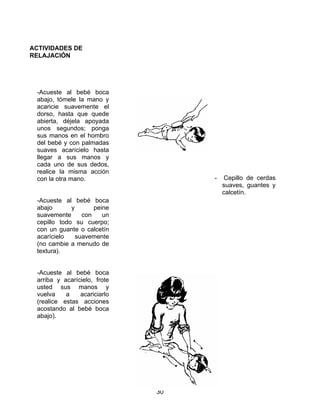 30
ACTIVIDADES DE
RELAJACIÓN
-Acueste al bebé boca
abajo, tómele la mano y
acaricie suavemente el
dorso, hasta que quede
abierta, déjela apoyada
unos segundos; ponga
sus manos en el hombro
del bebé y con palmadas
suaves acarícielo hasta
llegar a sus manos y
cada uno de sus dedos,
realice la misma acción
con la otra mano.
-Acueste al bebé boca
abajo y peine
suavemente con un
cepillo todo su cuerpo;
con un guante o calcetín
acarícielo suavemente
(no cambie a menudo de
textura).
-Acueste al bebé boca
arriba y acarícielo, frote
usted sus manos y
vuelva a acariciarlo
(realice estas acciones
acostando al bebé boca
abajo).
RECURSOS
- Cepillo de cerdas
suaves, guantes y
calcetín.
 