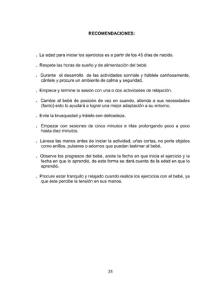 31
RECOMENDACIONES:
. La edad para iniciar los ejercicios es a partir de los 45 días de nacido.
. Respete las horas de sueño y de alimentación del bebé.
. Durante el desarrollo de las actividades sonríale y háblele cariñosamente,
cántele y procure un ambiente de calma y seguridad.
. Empiece y termine la sesión con una o dos actividades de relajación.
. Cambie al bebé de posición de vez en cuando, atienda a sus necesidades
(llanto) esto lo ayudará a lograr una mejor adaptación a su entorno.
. Evite la brusquedad y trátelo con delicadeza.
. Empezar con sesiones de cinco minutos e irlas prolongando poco a poco
hasta diez minutos.
. Lávese las manos antes de iniciar la actividad, uñas cortas, no porte objetos
como anillos, pulseras o adornos que puedan lastimar al bebé.
. Observe los progresos del bebé, anote la fecha en que inicia el ejercicio y la
fecha en que lo aprendió, de esta forma se dará cuenta de la edad en que lo
aprendió.
. Procure estar tranquilo y relajado cuando realice los ejercicios con el bebé, ya
que éste percibe la tensión en sus manos.
 
