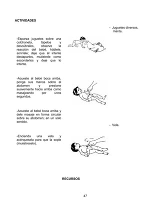 47
ACTIVIDADES
-Esparza juguetes sobre una
colchoneta, tápelos y
descúbralos, observe la
reacción del bebé, háblele,
sonríale; deje que él intente
destaparlos, muéstrele como
esconderlos y deje que lo
intente.
-Acueste al bebé boca arriba,
ponga sus manos sobre el
abdomen y presione
suavemente hacia arriba como
masajeando por unos
segundos.
-Acueste al bebé boca arriba y
dele masaje en forma circular
sobre su abdomen; en un solo
sentido.
-Encienda una vela y
acérquesela para que la sople
(muéstreselo).
RECURSOS
- Juguetes diversos,
manta.
- Vela.
 