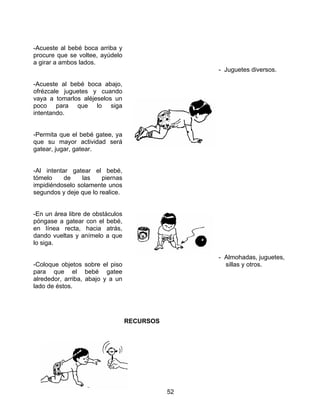 52
-Acueste al bebé boca arriba y
procure que se voltee, ayúdelo
a girar a ambos lados.
-Acueste al bebé boca abajo,
ofrézcale juguetes y cuando
vaya a tomarlos aléjeselos un
poco para que lo siga
intentando.
-Permita que el bebé gatee, ya
que su mayor actividad será
gatear, jugar, gatear.
-Al intentar gatear el bebé,
tómelo de las piernas
impidiéndoselo solamente unos
segundos y deje que lo realice.
-En un área libre de obstáculos
póngase a gatear con el bebé,
en línea recta, hacia atrás,
dando vueltas y anímelo a que
lo siga.
-Coloque objetos sobre el piso
para que el bebé gatee
alrededor, arriba, abajo y a un
lado de éstos.
RECURSOS
- Juguetes diversos.
- Almohadas, juguetes,
sillas y otros.
 