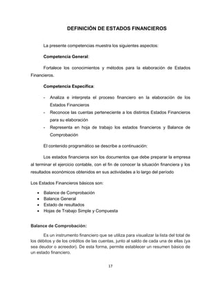 17
DEFINICIÓN DE ESTADOS FINANCIEROS
La presente competencias muestra los siguientes aspectos:
Competencia General:
Fortalece los conocimientos y métodos para la elaboración de Estados
Financieros.
Competencia Específica:
- Analiza e interpreta el proceso financiero en la elaboración de los
Estados Financieros
- Reconoce las cuentas perteneciente a los distintos Estados Financieros
para su elaboración
- Representa en hoja de trabajo los estados financieros y Balance de
Comprobación
El contenido programático se describe a continuación:
Los estados financieros son los documentos que debe preparar la empresa
al terminar el ejercicio contable, con el fin de conocer la situación financiera y los
resultados económicos obtenidos en sus actividades a lo largo del período
Los Estados Financieros básicos son:
 Balance de Comprobación
 Balance General
 Estado de resultados
 Hojas de Trabajo Simple y Compuesta
Balance de Comprobación:
Es un instrumento financiero que se utiliza para visualizar la lista del total de
los débitos y de los créditos de las cuentas, junto al saldo de cada una de ellas (ya
sea deudor o acreedor). De esta forma, permite establecer un resumen básico de
un estado financiero.
 