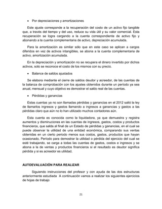 21
 Por depreciaciones y amortizaciones
Este ajuste corresponde a la recuperación del costo de un activo fijo tangible
que, a través del tiempo y del uso, reduce su vida útil y su valor comercial. Esta
recuperación se logra cargando a la cuenta correspondiente de activo fijo y
abonando a la cuenta complementaria de activo, depreciación acumulada.
Para la amortización es similar sólo que en este caso se aplican a cargos
diferidos en vez de activos intangibles, se abona a la cuenta complementaria de
activo, amortización acumulada.
En la depreciación y amortización no se recupera el dinero invertido por dichos
activos, solo se reconoce el costo de los mismos con su precio.
 Balance de saldos ajustados
Se elabora mediante el cierre de saldos deudor y acreedor, de las cuentas de
la balanza de comprobación con los ajustes obtenidos durante un período ya sea
anual, mensual y cuyo objetivo es demostrar el saldo real de las cuentas.
 Pérdidas y ganancias
Estas cuentas ya no son llamadas pérdidas y ganancias en el 2012 salió la ley
de llamarlos ingresos y gastos llamando a ingresos a ganancias y gastos a las
pérdidas claro que aún no lo han utilizado muchos contadores aún.
Esta cuenta es conocida como la liquidadora, ya que demuestra y registra
aumentos y disminuciones en las cuentas de ingresos, gastos, costos y productos
financieros, que salda al final de un Estado de pérdidas y ganancias, en el cual se
puede observar la utilidad de una entidad económica, comparando sus ventas
obtenidas en un cierto periodo menos sus costos, gastos, productos que hayan
ocasionado. Período para demostrar la utilidad o pérdida del ejercicio del cual se
esté trabajando, se carga a todas las cuentas de gastos, costos e ingresos y se
abona a la de ventas y productos financieros si el resultado es deudor significa
pérdida y si es acreedor es utilidad.
AUTOEVALUACIÓN PARA REALIZAR
Siguiendo instrucciones del profesor y con ayuda de las dos estructuras
anteriormente estudiada A continuación vamos a realizar los siguientes ejercicios
de hojas de trabajo
 