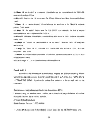55
5.- Mayo 13: se devolvió al proveedor 15 unidades de las compradas el día 06-05-14.
nota de débito Deb 800-A.
6.- Mayo 15: Compra de 150 unidades a Bs. 75.000,00 cada una. Nota de recepción Recp
100-2.
7.- Mayo 16: Un cliente devolvió 10 unidades de las vendidas el día 04-05-14. nota de
crédito. Cred. 900-A
8.- Mayo 19: Se recibió factura por Bs. 250.000,00 por concepto de flete y seguro
correspondiente a la compra del día 15-05-14.
9.- Mayo 22: Venta de 60 unidades con utilidad de 45% sobre el costo. Nota de despacho
Desp. 200-3.
10.- Mayo 24: Compra de 100 unidades a Bs. 80.000,00 cada una. Nota de recepción
Recp 100-3.
11.- Mayo 27: Venta de 70 unidades con utilidad del 48% sobre el costo. Nota de
despacho Desp. 200-4.
12.- Mayo 30: Se devolvió al proveedor 25 unidades de las compradas el 24-05-14. Nota
de débito Deb. 800-B
Nota: El Colegio II, C.A. es Contribuyente Ordinario del IVA
Ejercicio Nº 2
En base a la información suministrada registre en el Libro Diario y Mayor
General las operaciones de la empresa el Colegio II, C.A. métodos: PEPS, UEPS
y PROMEDIO MÓVIL, igualmente realice los registros a través del método de
inventario:
Operaciones realizadas durante el mes de Junio de 2014:
Las compras y las Ventas son a crédito, exceptuando el pago de fletes, el cual se
realizara a través de la cuenta Bancos.
Artículo: Sillas Ejecutivas
Saldo Cuenta Bancos: 1.500.000,00
1.- Junio 01: Existencia 350 unidades con un costo de Bs. 75.000,00 cada una.
 