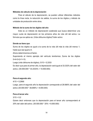 58
Métodos de cálculo de la depreciación
Para el cálculo de la depreciación, se pueden utilizar diferentes métodos
como la línea recta, la reducción de saldos, la suma de los dígitos y método de
unidades de producción entre otros.
Método de la suma de los dígitos del año
Este es un método de depreciación acelerada que busca determinar una
mayor cuota de depreciación en los primeros años de vida útil del activo. La
fórmula que se aplica es: (Vida útil/suma dígitos)*Valor activo
Donde se tiene que:
Suma de los dígitos es igual a la suma de la vida útil más la vida útil menos 1;
hasta que sea igual a 0.
Ahora determinemos el factor.
Suponiendo el mismo ejemplo del vehículo tendremos: Suma de los dígitos
5+4+3+2+1=15.
Luego (vida útil/suma de dígitos), 5/15 = 0,3333
Es decir que para el primer año, la depreciación será igual al 33.333% del valor del
activo. (30.000.000 * 33,3333% = 10.000.000)
Para el segundo año:
4/15 = 0,2666
Luego, para el segundo año la depreciación corresponde al 26.666% del valor del
activo (30.000.000 * 26,666% = 8.000.000)
Para el tercer año:
3/15 = 0,2
Quiere decir entonces que la depreciación para el tercer año corresponderá al
20% del valor del activo. (30.000.000 * 20% = 6.000.000)
 