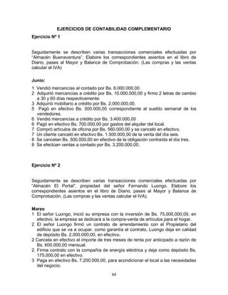 64
EJERCICIOS DE CONTABILIDAD COMPLEMENTARIO
Ejercicio Nº 1
Seguidamente se describen varias transacciones comerciales efectuadas por
“Almacén Buenaventura”. Elabore los correspondientes asientos en el libro de
Diario, pases al Mayor y Balance de Comprobación. (Las compras y las ventas
calcular el IVA)
Junio:
1 Vendió mercancías al contado por Bs. 6.000.000,00
2 Adquirió mercancías a crédito por Bs. 10.000.000,00 y firmo 2 letras de cambio
a 30 y 60 días respectivamente.
3 Adquirió mobiliario a crédito por Bs. 2.000.000,00.
5 Pagó en efectivo Bs. 500.000,00 correspondiente al sueldo semanal de los
vendedores.
6 Vendió mercancías a crédito por Bs. 3.400.000,00
6 Pagó en efectivo Bs. 700.000,00 por gastos del alquiler del local.
7 Compró artículos de oficina por Bs. 560.000,00 y se canceló en efectivo.
7 Un cliente canceló en efectivo Bs. 1.500.000,00 de la venta del día seis.
8 Se cancelan Bs. 500.000,00 en efectivo de la obligación contraída el día tres.
8 Se efectúan ventas a contado por Bs. 3.200.000,00.
Ejercicio Nº 2
Seguidamente se describen varias transacciones comerciales efectuadas por
“Almacén El Portal”, propiedad del señor Fernando Luongo. Elabore los
correspondientes asientos en el libro de Diario, pases al Mayor y Balance de
Comprobación. (Las compras y las ventas calcular el IVA).
Marzo
1 El señor Luongo, inició su empresa con la inversión de Bs. 75.000.000,00, en
efectivo. la empresa se dedicará a la compra-venta de artículos para el hogar.
2 El señor Luongo firmó un contrato de arrendamiento con el Propietario del
edificio que se va a ocupar. como garantía el contrato, Luongo deja en calidad
de depósito Bs. 2.000.000,00, en efectivo.
2 Cancela en efectivo el importe de tres meses de renta por anticipado a razón de
Bs. 600.000,00 mensual.
2. Firma contrato con la compañía de energía eléctrica y deja como depósito Bs.
175.000,00 en efectivo.
3 Paga en efectivo Bs. 7.200.000,00, para acondicionar el local a las necesidades
del negocio.
 