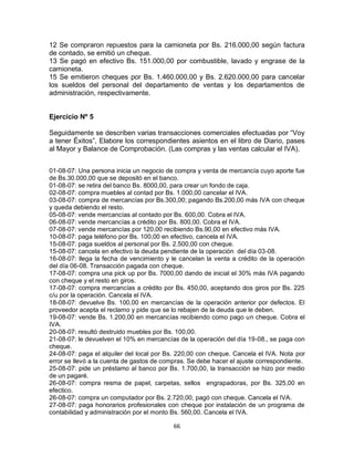 66
12 Se compraron repuestos para la camioneta por Bs. 216.000,00 según factura
de contado, se emitió un cheque.
13 Se pagó en efectivo Bs. 151.000,00 por combustible, lavado y engrase de la
camioneta.
15 Se emitieron cheques por Bs. 1.460.000,00 y Bs. 2.620.000,00 para cancelar
los sueldos del personal del departamento de ventas y los departamentos de
administración, respectivamente.
Ejercicio Nº 5
Seguidamente se describen varias transacciones comerciales efectuadas por “Voy
a tener Éxitos”, Elabore los correspondientes asientos en el libro de Diario, pases
al Mayor y Balance de Comprobación. (Las compras y las ventas calcular el IVA).
01-08-07: Una persona inicia un negocio de compra y venta de mercancía cuyo aporte fue
de Bs.30.000,00 que se depositó en el banco.
01-08-07: se retira del banco Bs. 8000,00, para crear un fondo de caja.
02-08-07: compra muebles al contad por Bs. 1.000,00 cancelar el IVA.
03-08-07: compra de mercancías por Bs.300,00; pagando Bs.200,00 más IVA con cheque
y queda debiendo el resto.
05-08-07: vende mercancías al contado por Bs. 600,00. Cobra el IVA.
06-08-07: vende mercancías a crédito por Bs. 800,00. Cobra el IVA.
07-08-07: vende mercancías por 120,00 recibiendo Bs.90,00 en efectivo más IVA.
10-08-07: paga teléfono por Bs. 100,00 en efectivo, cancela el IVA.
15-08-07: paga sueldos al personal por Bs. 2.500,00 con cheque.
15-08-07: cancela en efectivo la deuda pendiente de la operación del día 03-08.
16-08-07: llega la fecha de vencimiento y le cancelan la venta a crédito de la operación
del día 06-08. Transacción pagada con cheque.
17-08-07: compra una pick up por Bs. 7000,00 dando de inicial el 30% más IVA pagando
con cheque y el resto en giros.
17-08-07: compra mercancías a crédito por Bs. 450,00, aceptando dos giros por Bs. 225
c/u por la operación. Cancela el IVA.
18-08-07: devuelve Bs. 100,00 en mercancías de la operación anterior por defectos. El
proveedor acepta el reclamo y pide que se lo rebajen de la deuda que le deben.
19-08-07: vende Bs. 1.200,00 en mercancías recibiendo como pago un cheque. Cobra el
IVA.
20-08-07: resultó destruido muebles por Bs. 100,00.
21-08-07: le devuelven el 10% en mercancías de la operación del día 19-08., se paga con
cheque.
24-08-07: paga el alquiler del local por Bs. 220,00 con cheque. Cancela el IVA. Nota por
error se llevó a la cuenta de gastos de compras. Se debe hacer el ajuste correspondiente.
25-08-07: pide un préstamo al banco por Bs. 1.700,00, la transacción se hizo por medio
de un pagaré.
26-08-07: compra resma de papel, carpetas, sellos engrapadoras, por Bs. 325,00 en
efectico.
26-08-07: compra un computador por Bs. 2.720,00, pagó con cheque. Cancela el IVA.
27-08-07: paga honorarios profesionales con cheque por instalación de un programa de
contabilidad y administración por el monto Bs. 560,00. Cancela el IVA.
 