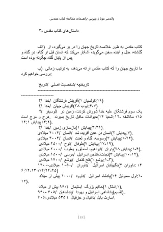‫مقدس‬ ‫کتاب‬ ‫مطالعه‬ ‫راهنمای‬- ‫والدم‬
‫ی‬
‫ر‬
‫موتا‬
‫د‬
‫س‬‫ز‬‫ن‬‫م‬
[
15
]
۳- ‫داستان‬
‫مقدس‬ ‫کتاب‬ ‫های‬
‫)الف‬ ‫می‬ ‫بر‬ ‫در‬ ‫را‬ ‫جهان‬ ‫تاریخ‬ ‫خالصه‬ ‫طور‬ ‫به‬ ‫مقدس‬ ‫کتاب‬
‫از‬ ،‫گیرد‬
‫می‬ ‫سخن‬ ‫آینده‬ ‫و‬ ‫حال‬ ،‫گذشته‬
‫می‬ ‫آشکار‬ ،‫گوید‬
‫و‬ ‫گناه‬ ‫در‬ ،‫گناه‬ ‫از‬ ‫قبل‬ ‫انسان‬ ‫که‬ ‫کند‬
‫گنا‬ ‫پایان‬ ‫از‬ ‫پس‬
‫است‬ ‫بوده‬ ‫چگونه‬ ‫ه‬ .
‫)ب‬ ‫می‬ ‫ارائه‬ ‫مقدس‬ ‫کتاب‬ ‫که‬ ‫را‬ ‫جهان‬ ‫تاریخ‬ ‫ما‬
‫زمانی‬ ‫ترتیب‬ ‫به‬ ،‫دهد‬
‫کرد‬ ‫خواهیم‬ ‫بررسی‬:
‫تاریخ‬/ ‫اصلی‬ ‫شخصیت‬/ ‫تاریخچه‬
------------------------------------------------------------------
---------------------
‫؟‬/ ‫خدا‬/ ‫فرشتگان‬ ‫(آفرینش‬ ‫کولسیان‬
۱ :۱۶)
‫؟‬/ ‫خدا‬/ ‫جهان‬ ‫(آفرینش‬ ‫ایوب‬
۳۸ :۴،۷)
‫؟‬/ ‫لوسیفر‬/ ‫در‬ ‫زمین‬ ،‫کردند‬ ‫شورش‬ ‫خدا‬ ‫علیه‬ ‫فرشتگان‬ ‫سوم‬ ‫یک‬
‫است‬ ‫مرج‬ ‫و‬ ‫هرج‬. ‫بمیرند‬ ‫تاریخ‬ ‫ماقبل‬ ‫(حیوانات‬ ‫اشعیا‬
۱۴ :۱۲- ۱۵
‫مکاشفه‬ ‫؛‬
۱۲: ۴
‫پیدایش‬ ‫؛‬
۱ :۲).
‫؟‬/ ‫خدا‬/ ‫زمین‬ ‫(بازسازی‬ ‫پیدایش‬
۱ :۳-۳۱).
۴۰۰۴
‫میالدی‬ / ‫انسان‬/ ‫شد‬ ‫آفریده‬ ‫عدن‬ ‫در‬ ‫(انسان‬ ‫پیدایش‬
۲ .۷).
۴۰۰۴
‫میالدی‬ / ‫انسان‬/ ‫لعنت‬ ‫و‬ ‫گناه‬ ،‫(وسوسه‬ ‫پیدایش‬
۳ :۱-۲۴).
۲۵۰۰
‫میالدی‬ / ‫نوح‬/ ‫(طوفان‬ ‫پیدایش‬
۷ :۱۷-۱۹).
۲۰۰۰
‫میالدی‬ / ‫یعقوب‬ ‫و‬ ‫اسحاق‬ ،‫ابراهیم‬/ ‫(پدران‬ ‫پیدایش‬
۲۸ :۱-۴).
۱۵۰۰
‫میالدی‬ / ‫موسی‬/ ‫نجات‬
‫دهنده‬
‫اسرائیل‬ ‫ی‬ ( ‫پیدایش‬
۳ :۱۰- ۲
۱ ).
۱۴۰۰
‫میالدی‬ / ‫یوشع‬/ ‫کنعان‬ ‫(فتح‬ ‫یوشع‬
۱ :۱-۳).
۱۴۰۰- ۱۰۵۰
‫میالدی‬ / ‫داوران‬/ ‫اسرائیل‬ ‫(نگهبانان‬ ‫داوران‬
۴ : ۴
‫؛‬
۶:۱۲- ۱۴
‫؛‬
۱۳ :۲۴-۲۵)
۱۰۰۰
‫میالد‬ ‫از‬ ‫پیش‬ / ‫داوود‬/ ‫اسرائیل‬ ‫(پادشاه‬ ‫سموئیل‬ ‫اول‬
۱۶ :۱-
۱۳).
۹۶۰
‫میالد‬ ‫از‬ ‫پیش‬ / ‫سلیمان‬/ ‫بزرگ‬ ‫(حکیم‬ ‫امثال‬
۱ .۱).
۹۶۰- ۶۰۵/ ‫پادشاهان‬/ ‫یهودا‬ ‫و‬ ‫اسرائیل‬ ‫)تقسیم(پادشاهی‬.
۶۰۵- ۵۳۵
‫میالدی‬ / ‫حزقیال‬ ‫و‬ ‫دانیال‬/ ‫بابل‬ ‫اسارت‬.
 
