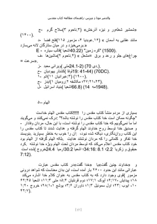 ‫مقدس‬ ‫کتاب‬ ‫مطالعه‬ ‫راهنمای‬- ‫والدم‬
‫ی‬
‫ر‬
‫موتا‬
‫د‬
‫س‬‫ز‬‫ن‬‫م‬
[
17
]
‫ج‬- ‫گرم‬ ‫(سالح‬ ‫ناحوم‬
۳ .۳) « ‫شعله‬ ‫شمشیر‬
‫آذرخش‬ ‫نیزه‬ ‫و‬ ‫ور‬ »
(۱۴۰۰).
‫د‬- ‫فضا‬ ‫(فتح‬ ‫عوبدیا‬
۴
‫مزمور‬ ،
۱۱۵ .۱۶) « ‫آسمان‬ ‫به‬ ‫عقابی‬ ‫مانند‬
‫برمی‬
‫می‬ ‫النه‬ ‫ستارگان‬ ‫میان‬ ‫در‬ ‫و‬ ‫خیزد‬
‫سازد‬ .»
E - ‫سیاره‬ ‫(قالب‬ ‫اشعیا‬40.22) "‫زمین‬ ‫"کره‬ (1500).
‫ف‬- ‫ماشین‬
‫ها‬ ( ‫ناحوم‬
۲ .۴) « ‫=مشعل‬ ‫چراغ‬
‫جل‬ ‫های‬
‫برق‬ ‫و‬ ‫رعد‬ ‫و‬ ‫و‬
= ‫»سرعت‬.
‫ز‬- ‫معبد‬ ‫(ویرانی‬ ‫متی‬24.1-2) (70 ‫دی‬.).
‫ح‬- ‫یهودیان‬ ‫(کشتار‬ ‫لوقا‬19: 41-44) (70DC).
۱- ‫(اتم‬ ‫عبرانیان‬
۱۱ :۳) (۱۹۰۰).
‫ج‬- ‫(ایدز‬ ‫رومیان‬
۱ : ۲۷
‫مکاشفه‬ ‫؛‬
۲ :۲۱-۲۳).
‫ل‬- ‫اسرائیل‬ ‫(بنیاد‬ ‫اشعیا‬66.8) (14 ‫مه‬1948).
۵– ‫الهام‬
‫خداست‬ ‫الهام‬ ‫مقدس‬ ‫!!!!!کتاب‬ ‫را‬ ‫مقدس‬ ‫کتاب‬ ‫منشأ‬ ‫مردم‬ ‫از‬ ‫بسیاری‬
‫نمی‬ ‫درک‬
‫می‬ ‫و‬ ‫کنند‬
‫گویند‬ : "‫باشد؟‬ ‫نوشته‬ ‫را‬ ‫مقدس‬ ‫کتاب‬ ‫خدا‬ ‫است‬ ‫ممکن‬ ‫"چگونه‬
- ‫نمی‬ ‫ما‬ ‫اما‬
‫وفادار‬ ‫مردان‬ ،‫حال‬ ‫این‬ ‫با‬ ،‫است‬ ‫نوشته‬ ‫را‬ ‫مقدس‬ ‫کتاب‬ ‫خدا‬ ‫که‬ ‫گوییم‬
‫را‬ ‫مقدس‬ ‫کتاب‬ ‫تا‬ ‫شدند‬ ‫هدایت‬ ‫و‬ ‫گرفته‬ ‫الهام‬ ‫خداوند‬ ‫روح‬ ‫توسط‬ ‫خدا‬ ‫صدیق‬ ‫و‬
‫بنو‬
‫یسند‬ . ‫بسپارید‬ ‫خاطر‬ ‫به‬ ‫خوب‬ ‫را‬ ‫آن‬: ‫روان‬ ‫کتاب‬ ‫این‬
،‫نبود‬ ‫شده‬ ‫دیکته‬ ،‫نگاری‬
‫بود‬ ‫الهام‬ ‫از‬ ‫گرفته‬ ‫الهام‬ ‫بلکه‬. ‫هدایت‬ ‫نوشتند‬ ‫مردان‬ ‫که‬ ‫را‬ ‫کلماتی‬ ‫و‬ ‫تفکر‬ ‫خدا‬
‫کرد‬. ‫می‬ ‫اعالم‬ ‫مقدس‬ ‫کتاب‬ ‫خود‬
‫نوشته‬ ‫خدا‬ ‫ویژه‬ ‫الهام‬ ‫تحت‬ ‫مردان‬ ‫توسط‬ ‫که‬ ‫کند‬
‫است‬ ‫(شده‬ ‫خروج‬24.4 ‫ارمیا‬30.2 ‫اشعیا‬ ‫؛‬34:16: 8.1 ‫؛‬2.2 ‫زکریا‬ ‫و‬ ‫حبقوق‬
7:12).
‫عبارت‬ ‫مقدس‬ ‫کتاب‬ ‫گفت«در‬ ‫»خدا‬ ‫گفت«یا‬ ‫چنین‬ ‫»خداوند‬ ‫و‬
‫حدود‬ ‫این‬ ‫مانند‬ ‫عباراتی‬
۲۶۰۰
‫درونی‬ ‫شواهد‬ ‫که‬ ‫معناست‬ ‫بدان‬ ‫این‬ ،‫است‬ ‫آمده‬ ‫بار‬
‫می‬ ‫اشاره‬ ‫خدا‬ ‫کالم‬ ‫عنوان‬ ‫به‬ ‫مقدس‬ ‫کتاب‬ ‫به‬ ‫که‬ ‫دارد‬ ‫وجود‬ ‫قوی‬
‫کند‬ ( ‫مزمور‬
۶۲: ۱۱
‫اشعیا‬ ‫؛‬
۴۵ : ۵
‫متی‬ ‫؛‬
۳ : ۱۷
‫؛‬
‫قرنتیان‬ ‫دوم‬
۴ : ۶
‫آپوک‬ ‫؛‬
۱ :۱۷- ۱۸
‫پیدایش‬ ‫؛‬
۱: ۲۸
‫خروج‬ ‫؛‬
۲۰ :۱- ۳
‫یوشع‬ ‫؛‬
۱ : ۱
‫داوران‬ ‫؛‬
۶ : ۲۳
‫سموئیل‬ ‫اول‬ ‫؛‬
۳ : ۱۰
‫ایوب‬ ،
۴۲:۷).
 