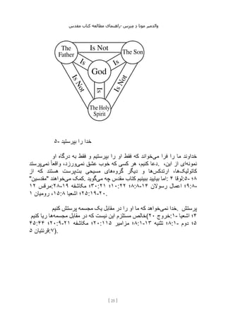 ‫مقدس‬ ‫کتاب‬ ‫مطالعه‬ ‫راهنمای‬- ‫والدم‬
‫ی‬
‫ر‬
‫موتا‬
‫د‬
‫س‬‫ز‬‫ن‬‫م‬
[
25
]
۵- ‫بپرستید‬ ‫را‬ ‫خدا‬
‫می‬ ‫فرا‬ ‫را‬ ‫ما‬ ‫خداوند‬
‫او‬ ‫درگاه‬ ‫به‬ ‫فقط‬ ‫و‬ ‫بپرستیم‬ ‫را‬ ‫او‬ ‫فقط‬ ‫که‬ ‫خواند‬
‫نمی‬ ‫عشق‬ ‫خوب‬ ‫که‬ ‫کسی‬ ‫هر‬ ،‫کنیم‬ ‫دعا‬
‫نمی‬ ً‫ا‬‫واقع‬ ،‫ورزد‬
‫پرستد‬ . ‫نمونه‬
،‫این‬ ‫از‬ ‫ای‬
‫کاتولیک‬
‫ارتدکس‬ ،‫ها‬
‫گروه‬ ‫دیگر‬ ‫و‬ ‫ها‬
‫بت‬ ‫مسیحی‬ ‫های‬
‫از‬ ‫که‬ ‫هستند‬ ‫پرست‬
"‫"مقدسین‬ ‫می‬ ‫کمک‬
‫خواهند‬ . ‫می‬ ‫چه‬ ‫مقدس‬ ‫کتاب‬ ‫ببینیم‬ ‫بیایید‬ ‫اما‬
‫گوید‬ : ‫لوقا‬
۴ :۵- ۸
‫؛‬
‫مرقس‬
۱۲ :۲۸- ۳۰
‫مکاشفه‬ ‫؛‬
۱۹ : ۱۰
‫؛‬
۲۱ : ۸
‫؛‬
۲۲ :۸- ۹
‫رسوالن‬ ‫اعمال‬ ‫؛‬
۱۴ :۸-
۱۵
‫رومیان‬ ،
۱ : ۲۵
‫اشعیا‬ ‫؛‬
۸ :۱۹-۲۰.
‫ن‬ ‫خدا‬
‫می‬
‫کنیم‬ ‫پرستش‬ ‫مجسمه‬ ‫یک‬ ‫مقابل‬ ‫در‬ ‫را‬ ‫او‬ ‫ما‬ ‫که‬ ‫خواهد‬ . ‫پرستش‬
‫مجسمه‬ ‫مقابل‬ ‫در‬ ‫که‬ ‫نیست‬ ‫این‬ ‫مستلزم‬ ‫خالص‬
‫کنیم‬ ‫ریا‬ ‫ها‬ ( ‫خروج‬
۲۰ :۱- ۴
‫اشعیا‬ ‫؛‬
۴۵: ۲۰
‫؛‬
۴۴ :۹- ۲۰
‫مکاشفه‬ ‫؛‬
۲۱ : ۸
‫مزامیر‬ ‫؛‬
۱۱۵ :۱- ۸
‫تثنیه‬ ‫؛‬
۱۳ :۱- ۵
‫دوم‬ ‫؛‬
‫قرنتیان‬
۵ :۷).
 