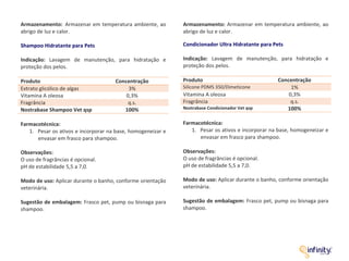 Armazenamento: Armazenar em temperatura ambiente, ao
abrigo de luz e calor.
Shampoo Hidratante para Pets
Indicação: Lavagem de manutenção, para hidratação e
proteção dos pelos.
Produto Concentração
Extrato glicólico de algas 3%
Vitamina A oleosa 0,3%
Fragrância q.s.
Nostrabase Shampoo Vet qsp 100%
Farmacotécnica:
1. Pesar os ativos e incorporar na base, homogeneizar e
envasar em frasco para shampoo.
Observações:
O uso de fragrâncias é opcional.
pH de estabilidade 5,5 a 7,0.
Modo de uso: Aplicar durante o banho, conforme orientação
veterinária.
Sugestão de embalagem: Frasco pet, pump ou bisnaga para
shampoo.
Armazenamento: Armazenar em temperatura ambiente, ao
abrigo de luz e calor.
Condicionador Ultra Hidratante para Pets
Indicação: Lavagem de manutenção, para hidratação e
proteção dos pelos.
Produto Concentração
Silicone PDMS 350/Dimeticone 1%
Vitamina A oleosa 0,3%
Fragrância q.s.
Nostrabase Condicionador Vet qsp 100%
Farmacotécnica:
1. Pesar os ativos e incorporar na base, homogeneizar e
envasar em frasco para shampoo.
Observações:
O uso de fragrâncias é opcional.
pH de estabilidade 5,5 a 7,0.
Modo de uso: Aplicar durante o banho, conforme orientação
veterinária.
Sugestão de embalagem: Frasco pet, pump ou bisnaga para
shampoo.
 
