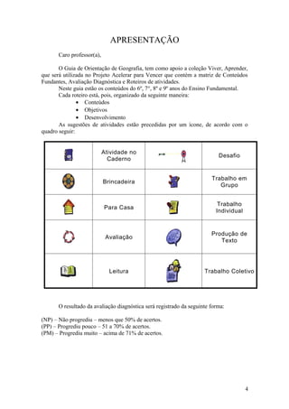 APRESENTAÇÃO
      Caro professor(a),

       O Guia de Orientação de Geografia, tem como apoio a coleção Viver, Aprender,
que será utilizada no Projeto Acelerar para Vencer que contém a matriz de Conteúdos
Fundantes, Avaliação Diagnóstica e Roteiros de atividades.
       Neste guia estão os conteúdos do 6º, 7°, 8º e 9º anos do Ensino Fundamental.
       Cada roteiro está, pois, organizado da seguinte maneira:
               • Conteúdos
               • Objetivos
               • Desenvolvimento
       As sugestões de atividades estão precedidas por um ícone, de acordo com o
quadro seguir:


                           Atividade no
                                                                          Desafio
                             Caderno


                                                                       Trabalho em
                           Brincadeira
                                                                          Grupo


                                                                          Trabalho
                           Para Casa
                                                                         Individual


                                                                       Produção de
                            Avaliação
                                                                          Texto




                             Leitura                                Trabalho Coletivo




      O resultado da avaliação diagnóstica será registrado da seguinte forma:

(NP) – Não progrediu – menos que 50% de acertos.
(PP) – Progrediu pouco – 51 a 70% de acertos.
(PM) – Progrediu muito – acima de 71% de acertos.




                                                                                      4
 