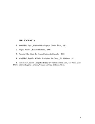 BIBLIOGRAFIA

   1. MOREIRA, Igor _ Construindo o Espaço. Editora Ática _ 2003.

   2. Projeto Araribá _ Editora Moderna _ 2006

   3. Apostila Edna Maria das Graças Cardoso de Carvalho _ 2001

   4. MARTINS, Rosicler. Cidades Brasileiras. São Paulo _ Ed. Moderna. 1992

   5. BOLIGIAM, Levon. Geografia: Espaço e Vivência.Editora Atul _ São Paulo. 2001
Outros autores: Rogério Martinez, Vanessa Garcia e Andressa Alves.




                                                                                 5
 