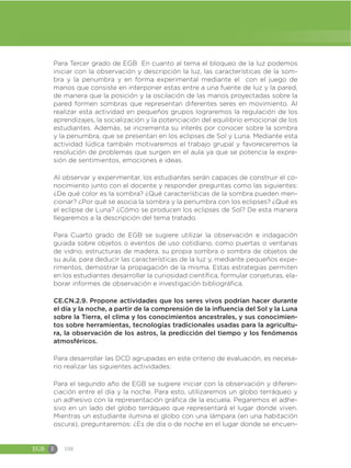 EGB E 108
Para Tercer grado de EGB En cuanto al tema el bloqueo de la luz podemos
iniciar con la observación y descripción la luz, las características de la som-
bra y la penumbra y en forma experimental mediante el con el juego de
manos que consiste en interponer estas entre a una fuente de luz y la pared,
de manera que la posición y la oscilación de las manos proyectadas sobre la
pared formen sombras que representan diferentes seres en movimiento. Al
realizar esta actividad en pequeños grupos lograremos la regulación de los
aprendizajes, la socialización y la potenciación del equilibrio emocional de los
estudiantes. Además, se incrementa su interés por conocer sobre la sombra
y la penumbra, que se presentan en los eclipses de Sol y Luna. Mediante esta
actividad lúdica también motivaremos el trabajo grupal y favoreceremos la
resolución de problemas que surgen en el aula ya que se potencia la expre-
sión de sentimientos, emociones e ideas.
Al observar y experimentar, los estudiantes serán capaces de construir el co-
nocimiento junto con el docente y responder preguntas como las siguientes:
¿De qué color es la sombra? ¿Qué características de la sombra pueden men-
cionar? ¿Por qué se asocia la sombra y la penumbra con los eclipses? ¿Qué es
el eclipse de Luna? ¿Cómo se producen los eclipses de Sol? De esta manera
llegaremos a la descripción del tema tratado.
Para Cuarto grado de EGB se sugiere utilizar la observación e indagación
guiada sobre objetos o eventos de uso cotidiano, como puertas o ventanas
de vidrio, estructuras de madera, su propia sombra o sombra de objetos de
su aula, para deducir las características de la luz y, mediante pequeños expe-
rimentos, demostrar la propagación de la misma. Estas estrategias permiten
en los estudiantes desarrollar la curiosidad científica, formular conjeturas, ela-
borar informes de observación e investigación bibliográfica.
CE.CN.2.9. Propone actividades que los seres vivos podrían hacer durante
el día y la noche, a partir de la comprensión de la influencia del Sol y la Luna
sobre la Tierra, el clima y los conocimientos ancestrales, y sus conocimien-
tos sobre herramientas, tecnologías tradicionales usadas para la agricultu-
ra, la observación de los astros, la predicción del tiempo y los fenómenos
atmosféricos.
Para desarrollar las DCD agrupadas en este criterio de evaluación, es necesa-
rio realizar las siguientes actividades:
Para el segundo año de EGB se sugiere iniciar con la observación y diferen-
ciación entre el día y la noche. Para esto, utilizaremos un globo terráqueo y
un adhesivo con la representación gráfica de la escuela. Pegaremos el adhe-
sivo en un lado del globo terráqueo que representará el lugar donde viven.
Mientras un estudiante ilumina el globo con una lámpara (en una habitación
oscura), preguntaremos: ¿Es de día o de noche en el lugar donde se encuen-
 