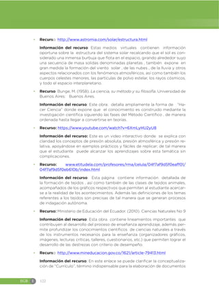 EGB E 122
đ Recurso: http://www.astromia.com/solar/estructura.html
Información del recurso: Estas medios virtuales contienen información
oportuna sobre la estructura del sistema solar recalcando que el sol es con-
siderado una inmensa burbuja que flota en el espacio, girando alrededor suyo
una secuencia de masa solidas denominadas planetas , también expone en
gran medida la formación del viento solar , de las nubes , de la lluvia y otros
aspectos relacionados con los fenómenos atmosféricos, así como también los
cuerpos celestes menores, las partículas de polvo estelar, los rayos cósmicos,
y todo el espacio interplanetario.
đ Recurso: Bunge, M. (1958). La ciencia, su método y su filosofía. Universidad de
Buenos Aires: Buenos Aires.
Información del recurso: Este obra: detalla ampliamente la forma de “Ha-
cer Ciencia” donde expone que el conocimiento es construido mediante la
investigación científica siguiendo las fases del Método Científico , de manera
ordenada hasta llegar a convertirse en teorías.
đ Recurso: https://www.youtube.com/watch?v=6XmLyHU2yU8
Información del recurso: Este es un video interactivo donde se explica con
claridad los conceptos de presión absoluta, presión atmosférica y presión re-
lativa, apoyándose en ejemplos prácticos y fáciles de replicar; de tal manera
que el estudiante puede alcanzar los aprendizajes sobre esta temática sin
complicaciones.
đ Recurso: www.etitudela.com/profesores/rma/celula/04f7af9d5f0eaff01/
04f7af9d5f0eb610b/index.html
Información del recurso: Esta página contiene información detallada de
la formación de tejidos , así como también de las clases de tejidos animales,
acompañados de los gráficos respectivos que permiten al estudiante acercar-
se a la realidad de los acontecimientos. Además las definiciones de los temas
referentes a los tejidos son precisas de tal manera que se generan procesos
de indagación autónoma.
đ Recurso: Ministerio de Educación del Ecuador. (2010). Ciencias Naturales No 9
Información del recurso: Esta obra contiene lineamientos importantes que
contribuyen al desarrollo del proceso de enseñanza aprendizaje, además per-
mite profundizar los conocimientos científicos de ciencias naturales a través
de los instrumentos necesarios para la enseñanza (organizadores gráficos,
imágenes, lecturas críticas, talleres, cuestionarios, etc.) que permiten lograr el
desarrollo de las destrezas con criterio de desempeño.
đ Recurso: http://www.mineducacion.gov.co/1621/article-79413.html
Información del recurso: En este enlace se puede clarificar la conceptualiza-
ción de “Currículo”, término indispensable para la elaboración de documentos
 